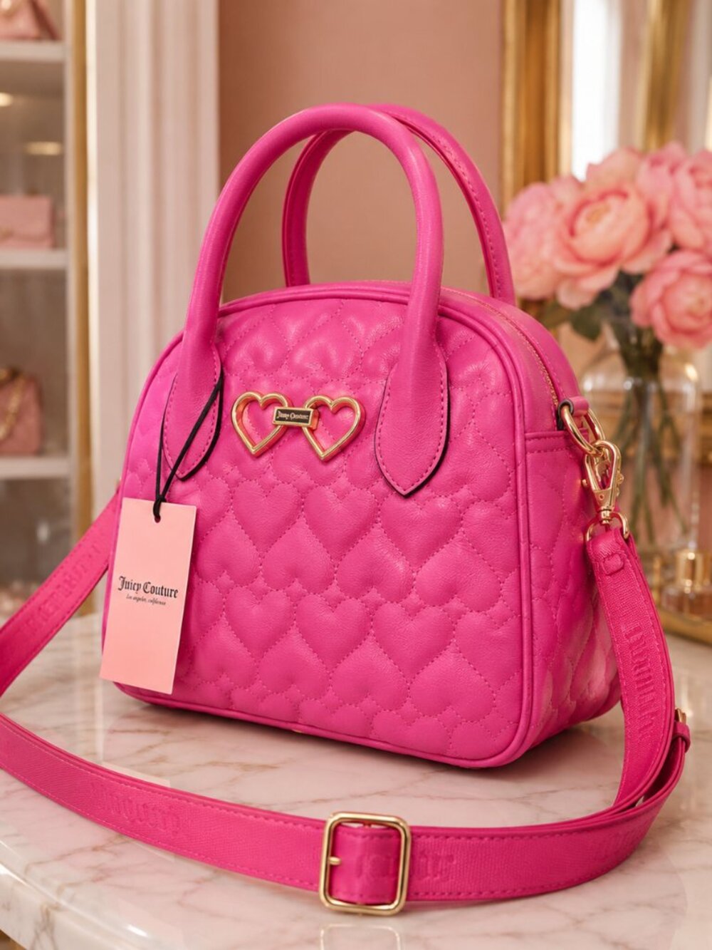 Juicy Couture Straight From The Heart Bowler Bag Pink Quilted Hearts NWT
